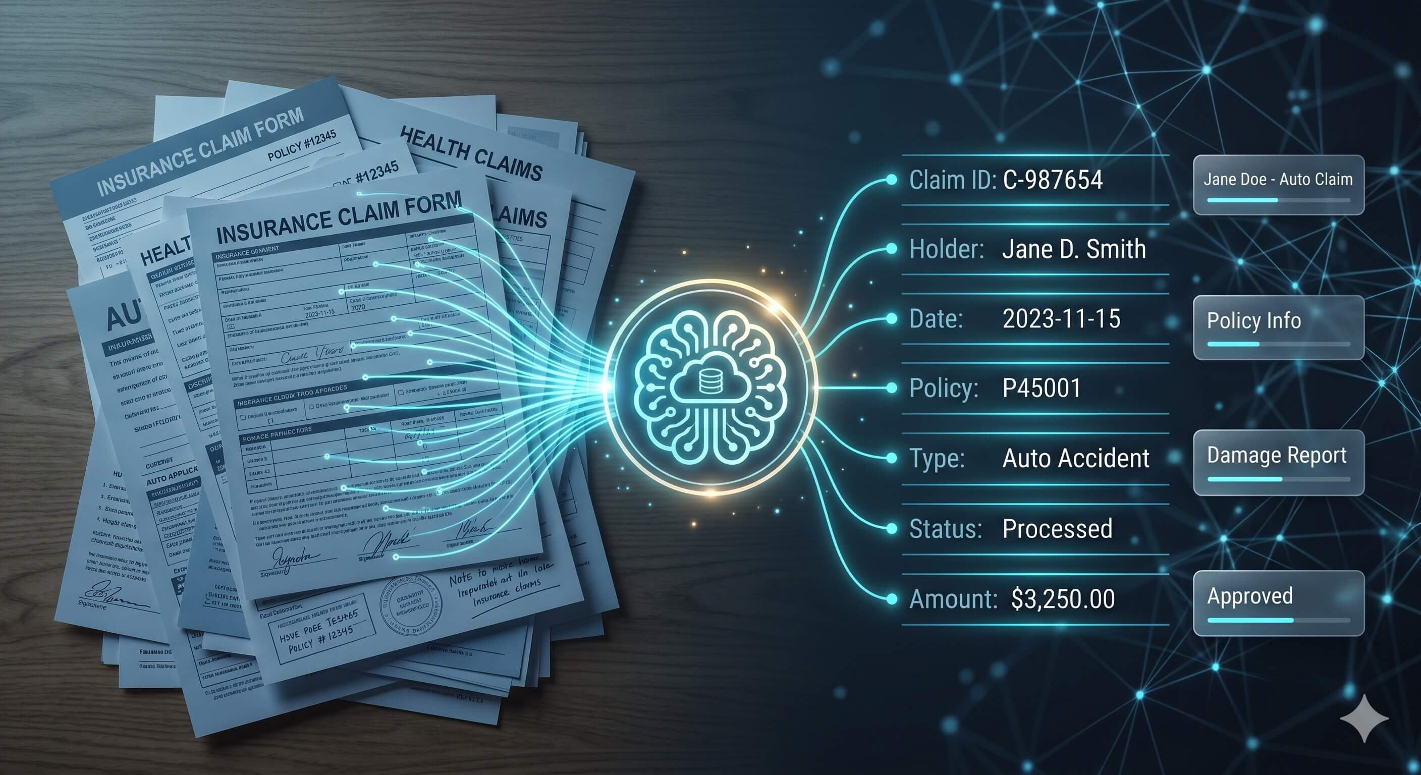 Editorial illustration of an AI assistant transforming a stack of insurance documents into clean structured data