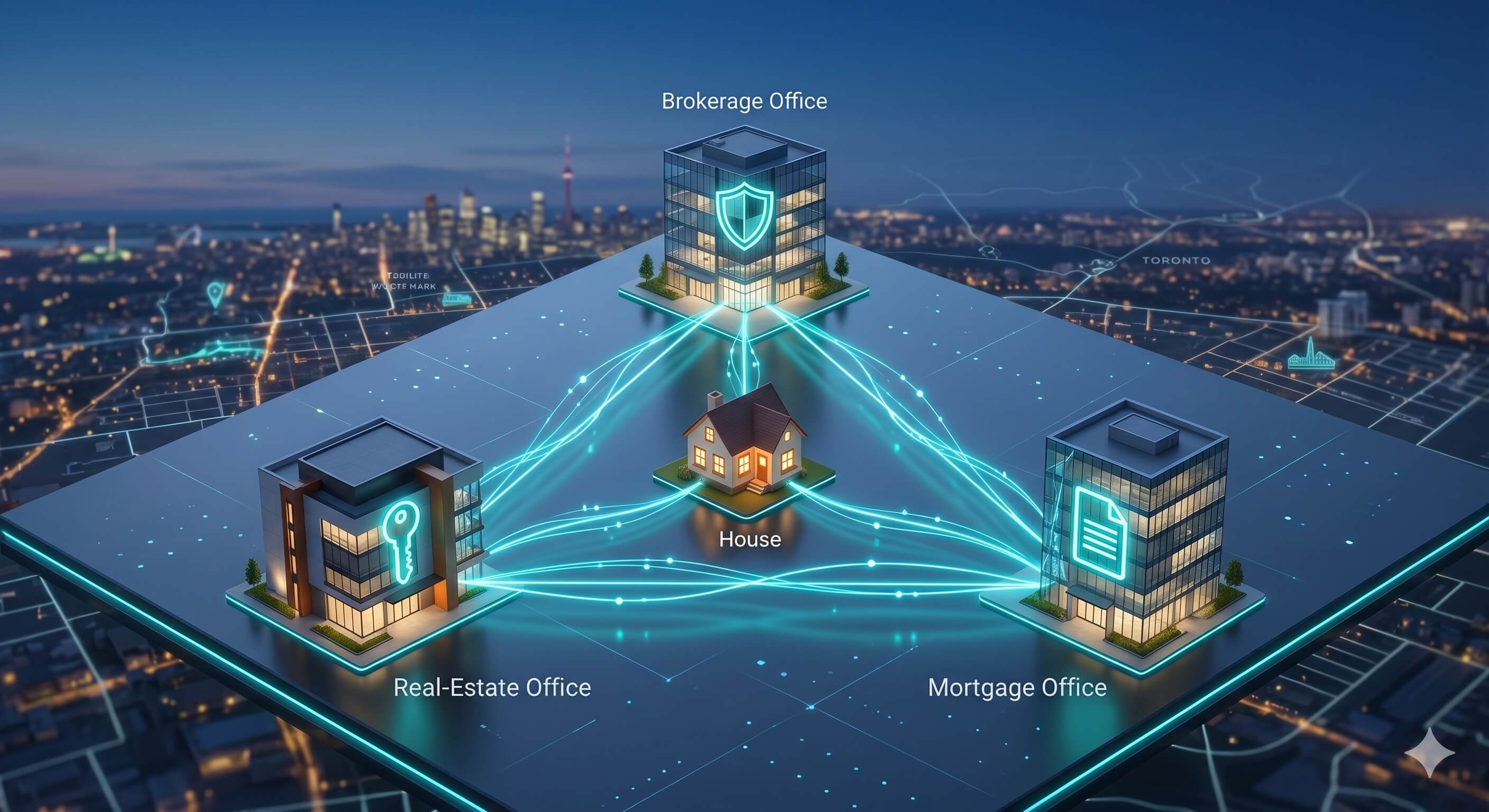 Editorial illustration of a triangular partnership network between a brokerage, a real-estate office, and a mortgage office