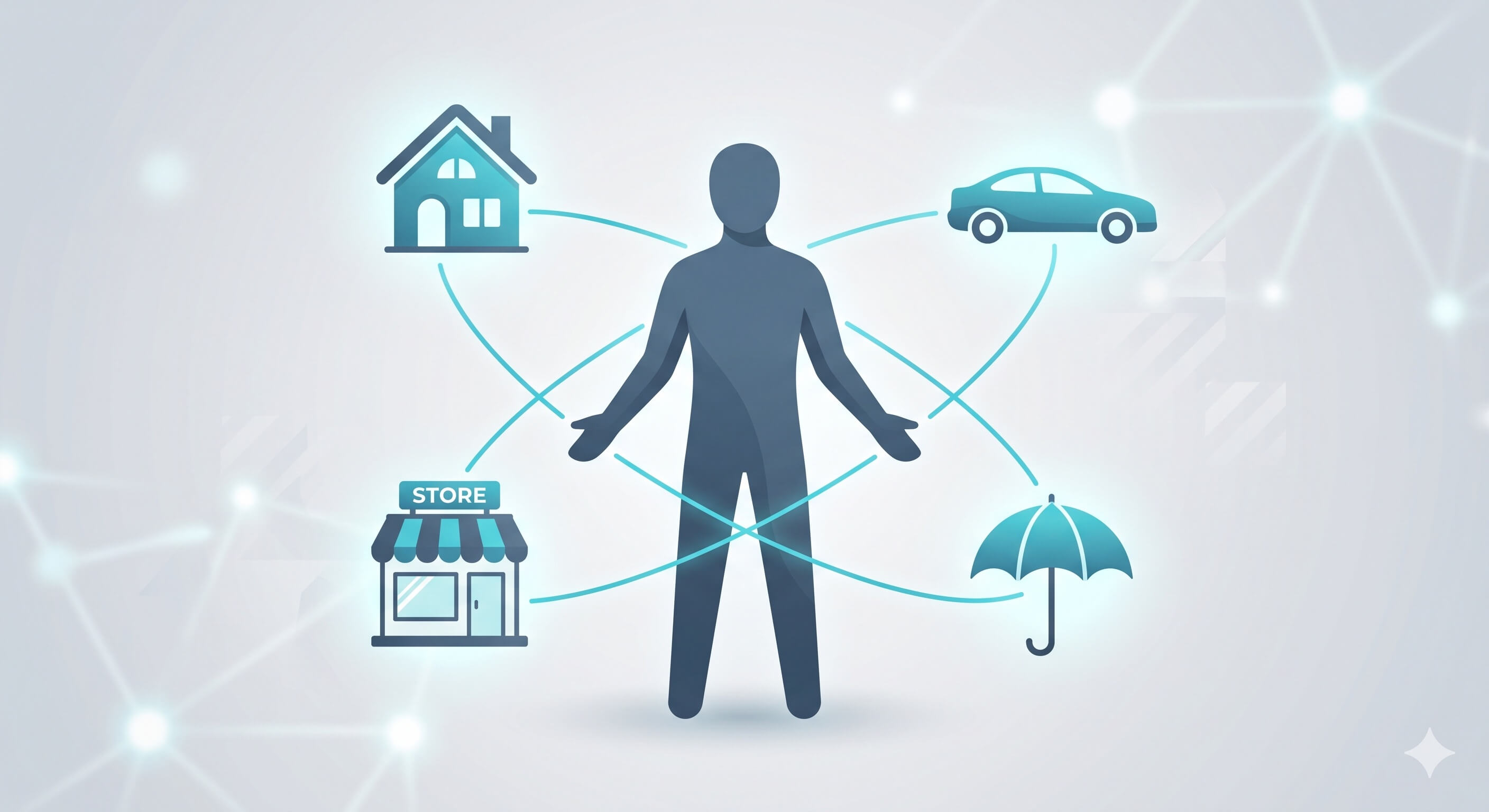 Editorial illustration of one client connected to multiple insurance policy lines