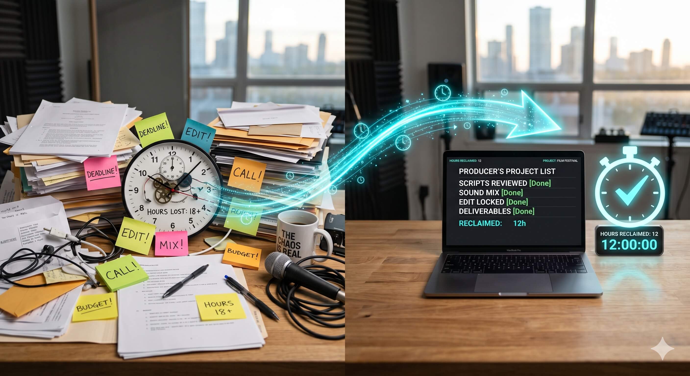 Editorial illustration of a producer's desk transforming from cluttered to clean, with hours being reclaimed