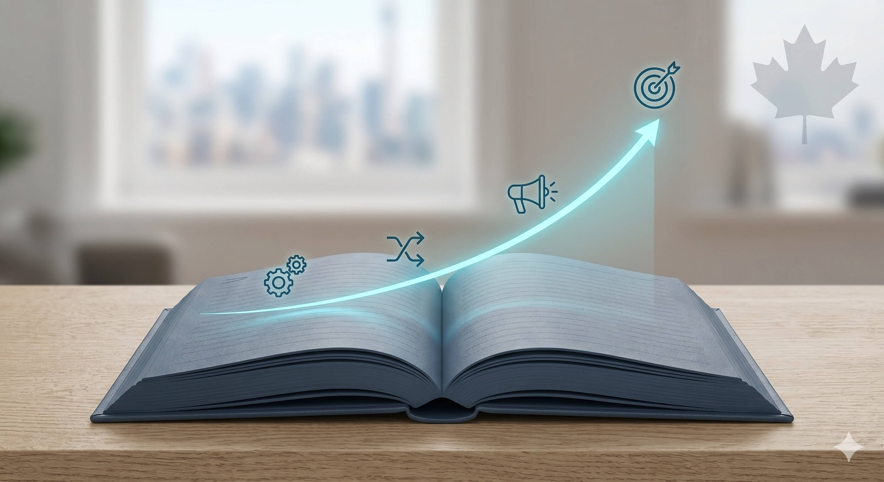 Editorial illustration of a stylized open ledger with an ascending growth curve and four phase milestones