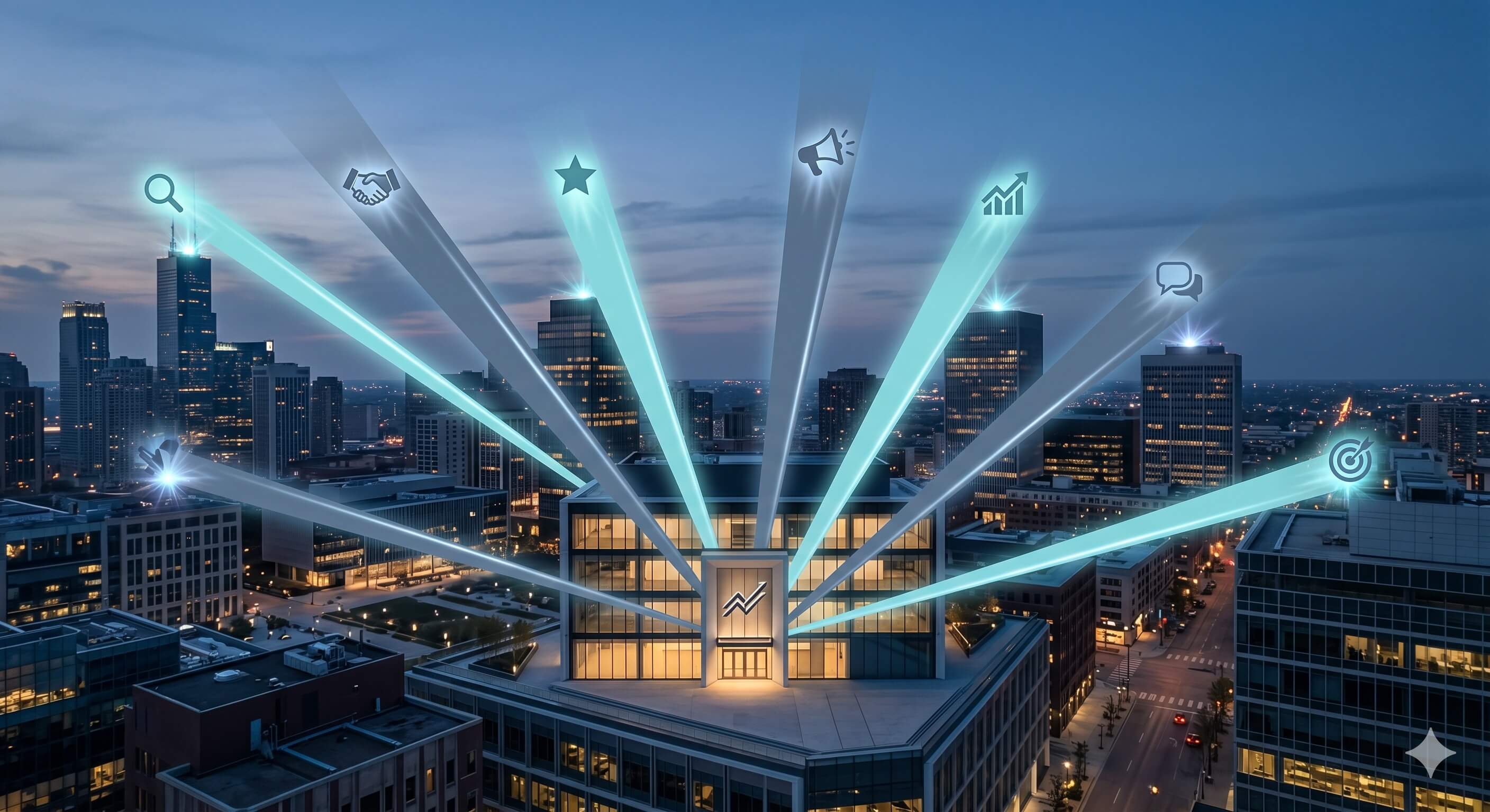 Editorial illustration of seven marketing channels converging on a central brokerage building