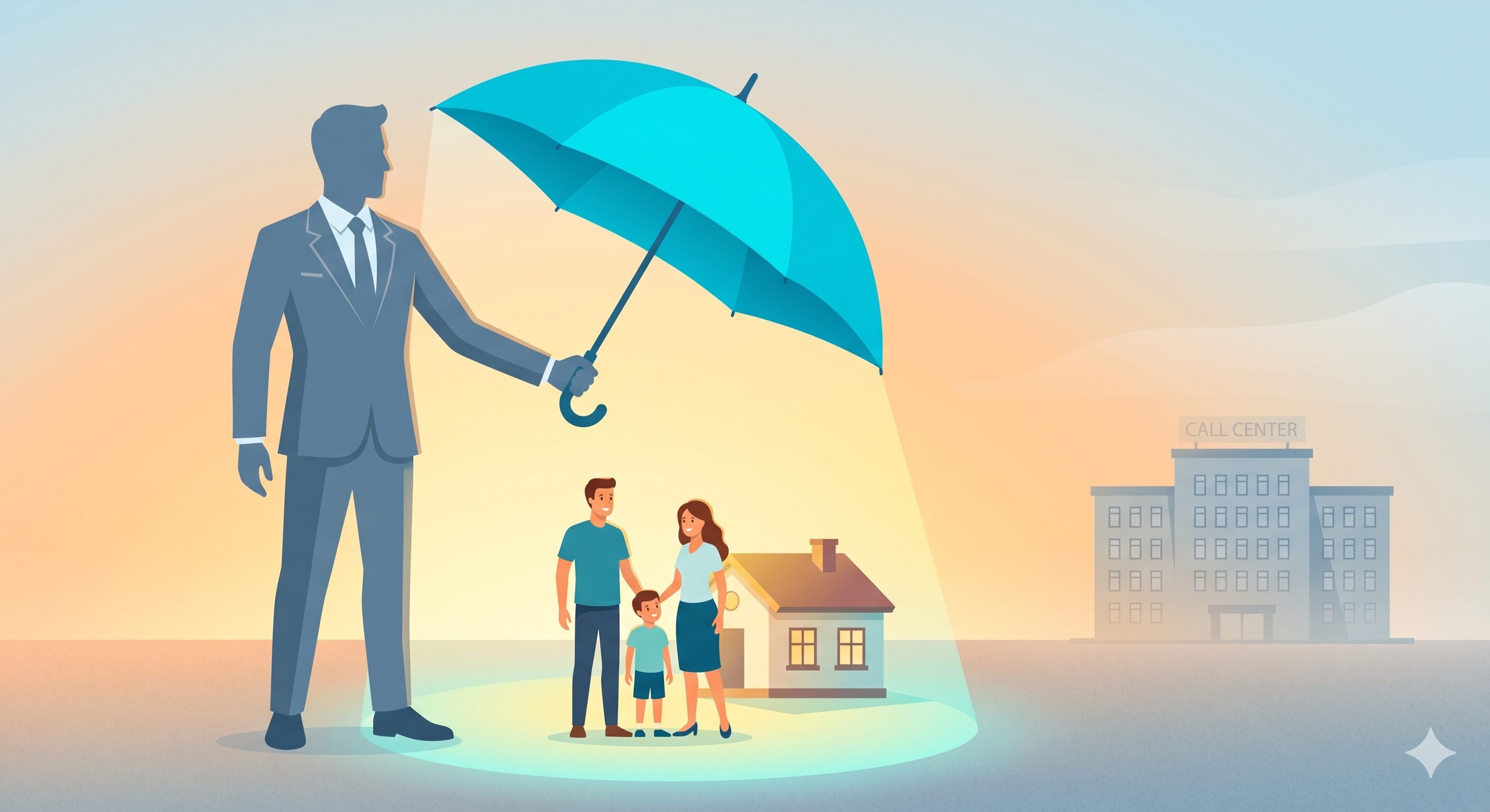Editorial illustration of a broker as advocate, holding a protective umbrella over a family and home