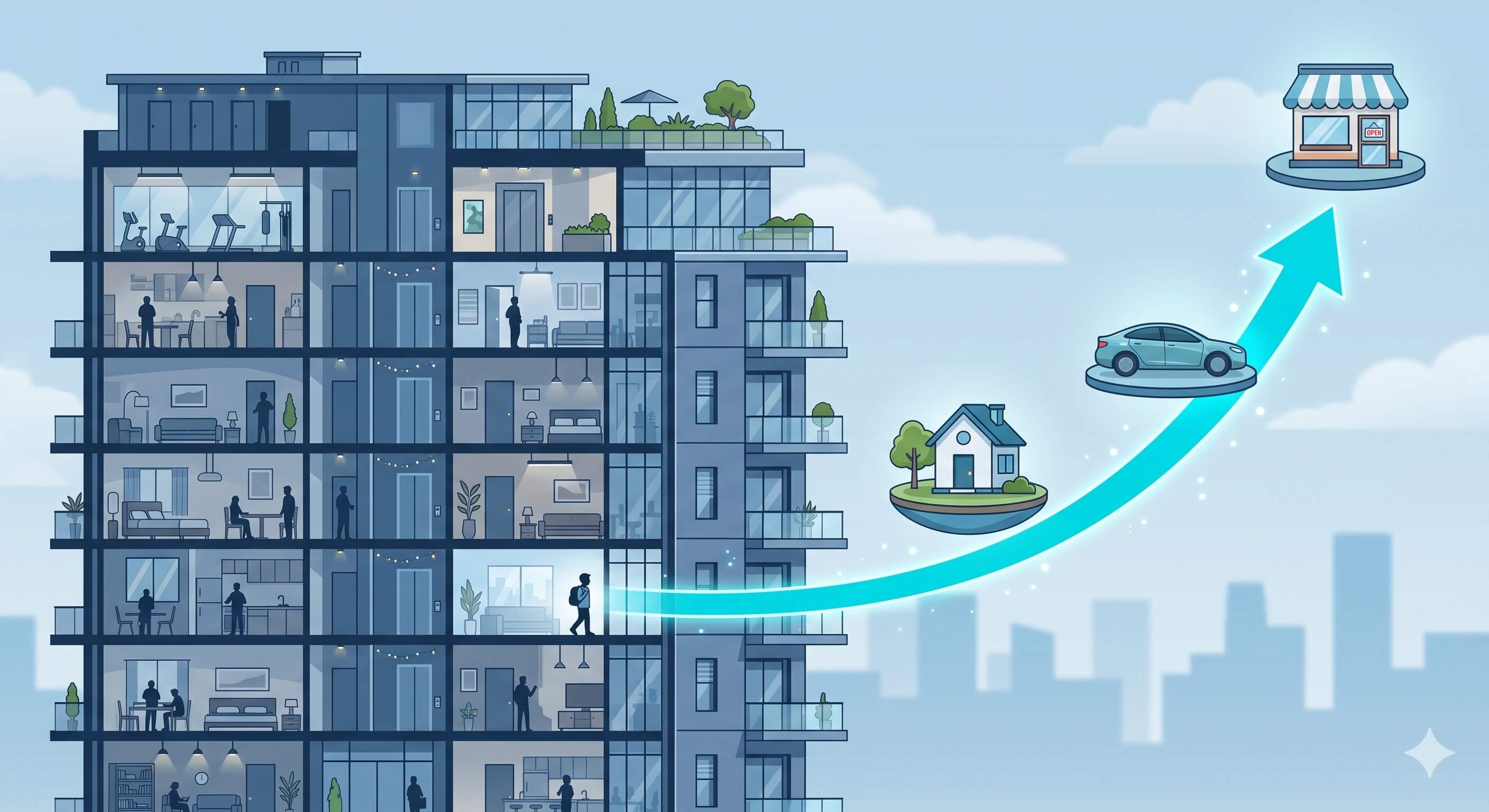 Editorial illustration of a young tenant's lifecycle path from apartment to homeowner to business owner
